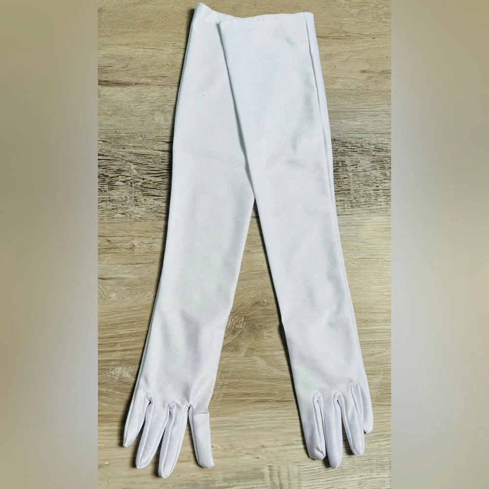 These long women's gloves, 20 inches in length, are made of stretchy satin
